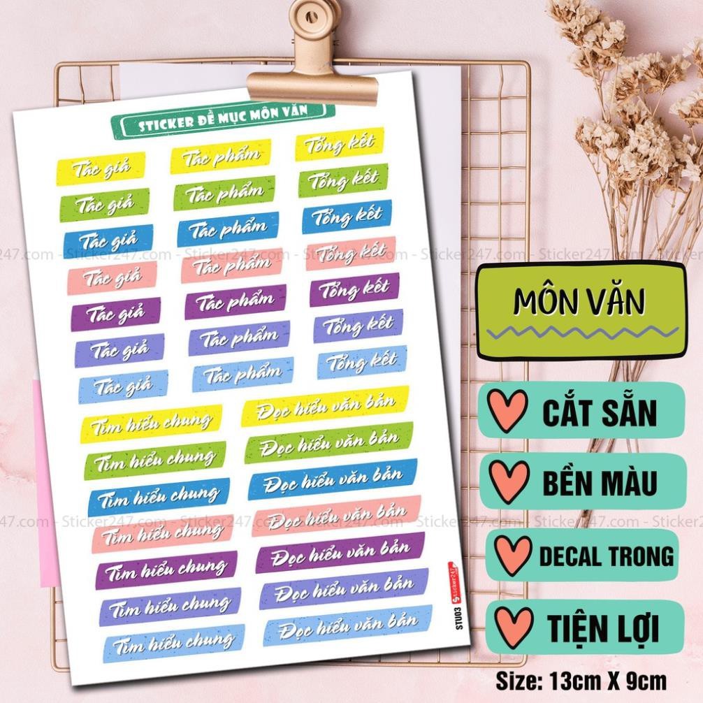 Sticker Đề Mục Môn Văn, Môn Tự Nhiên 🌈𝑭𝒓𝒆𝒆𝒔𝒉𝒊𝒑 Sticker Nhãn Vở Ham Học 🍃 Decal Vinyl Trong 🍂