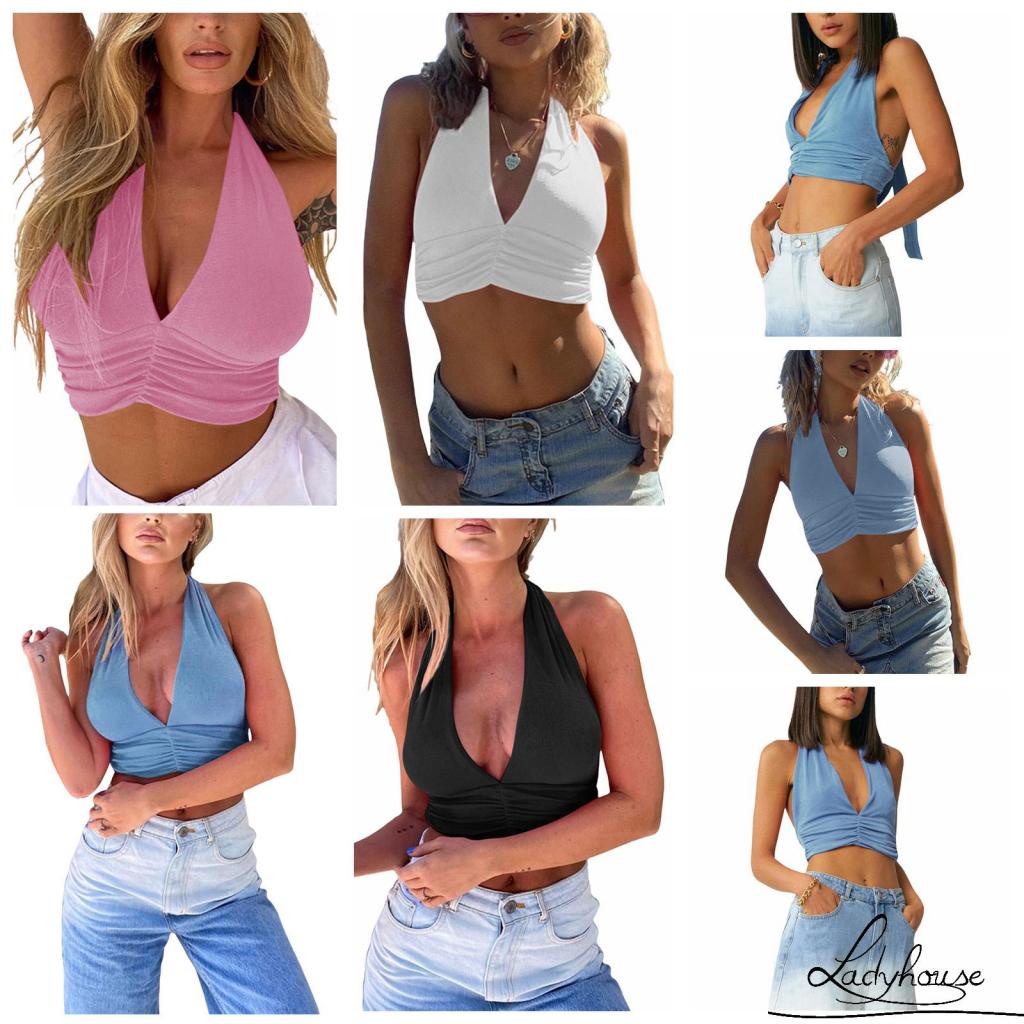 Áo Hai Dây Cổ Chữ V Hở Rốn Màu Trơn Quyến Rũ Thời Trang Cho Nữ