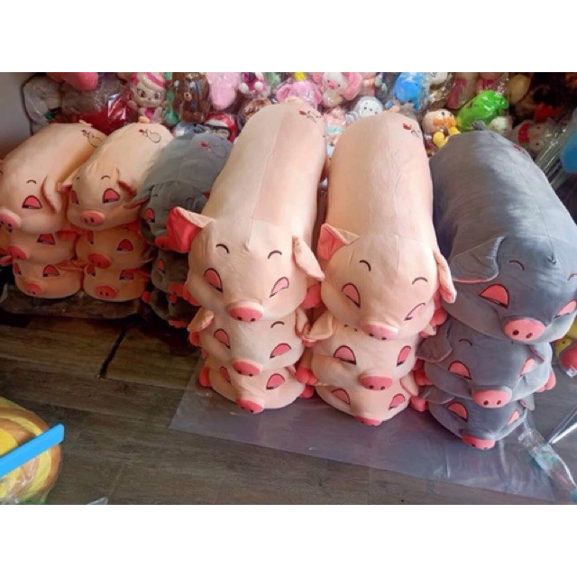 Heo Phê Cần - lợn ngủ mềm ngộ nghĩnh màu xám, hồng kích thước 50cm - có kèm chăn