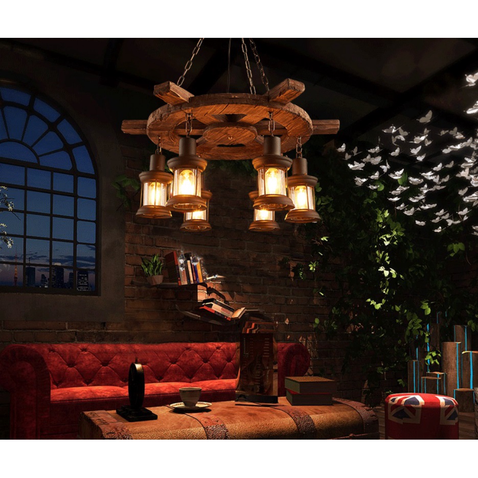 Đèn chùm gỗ thả trần decor vintage trang trí nhà hàng, quán bar phong cách cổ điển hình bánh lái tàu thuỷ