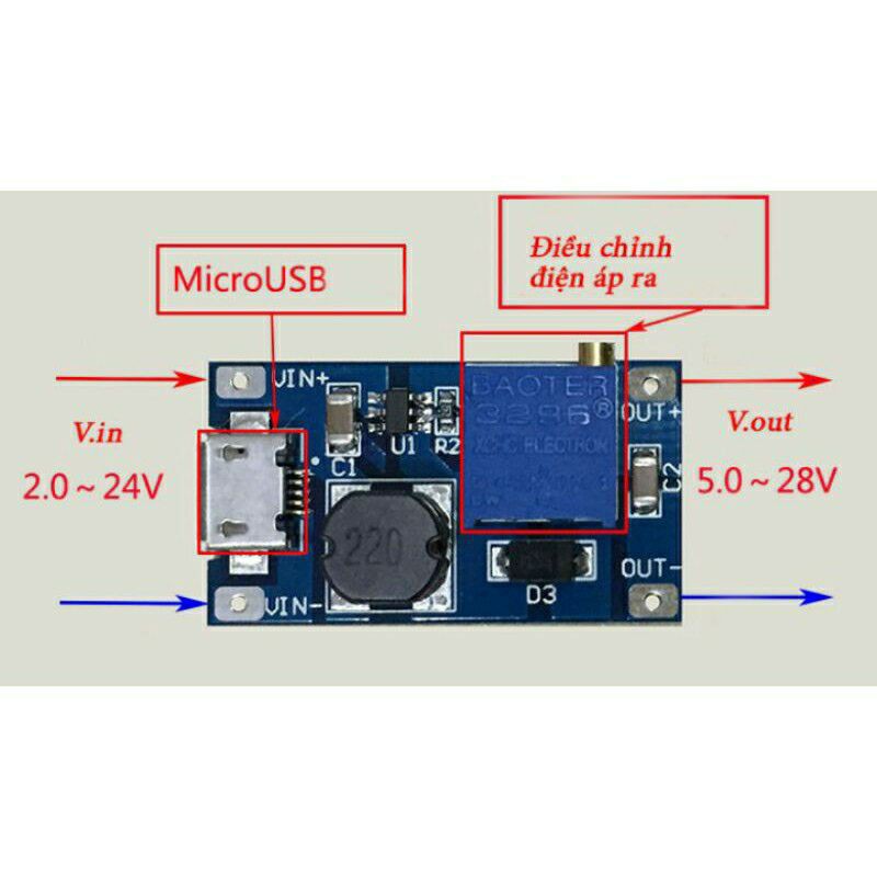 Mạch Tăng áp (Boost) DC 2 - 20V sang 5 - 28V cổng Micro USB