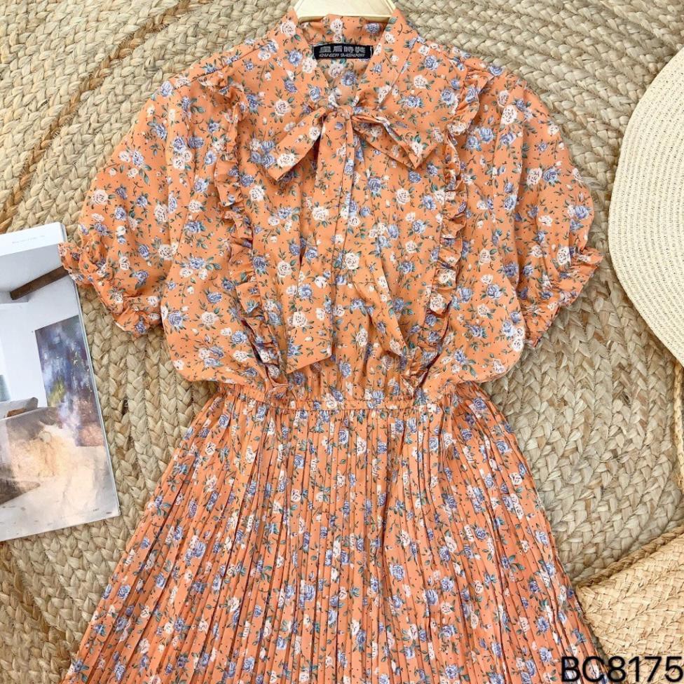 Đầm Maxi hoa, xếp li cách điệu, phối cổ nơ xinh xắn, vô cùng nữ tính VINTAGE STORE Đẹp !