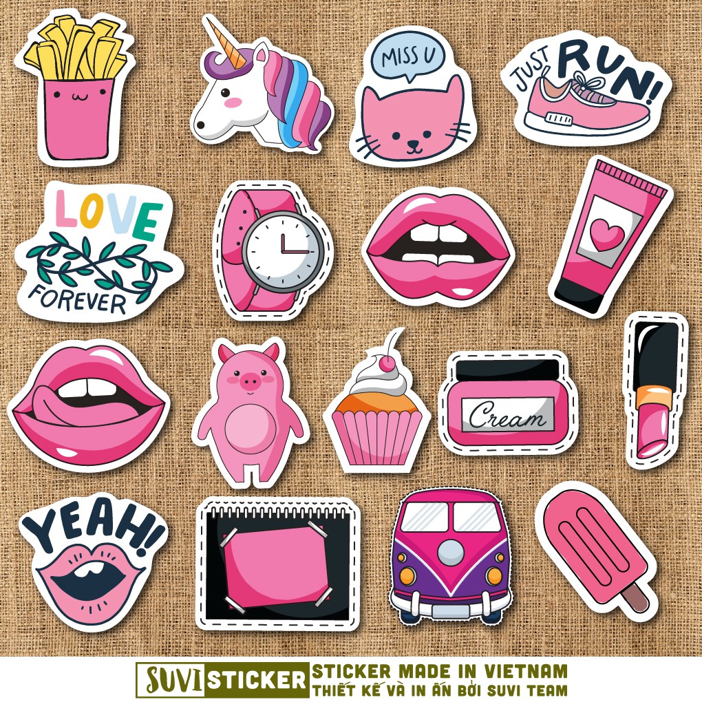 50 Sticker Màu Hồng Pink chống nước sticker dán laptop, điện thoại, đàn guitar, mũ bảo hiểm, vali. MSP: SV152