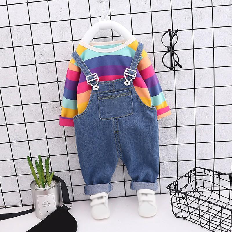 Set áo sọc cầu vồng + Quần yếm cho bé