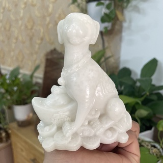 [Tượng chó tài lộc] Tượng phong thủy trang trí con chó canh giữ tài lộc cho gia chủ - Dài 8cm - Màu trắng đá non nước