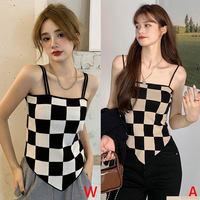 Áo dệt kim hai dây họa tiết sọc caro trọng lượng nhẹ thời trang cho nữ