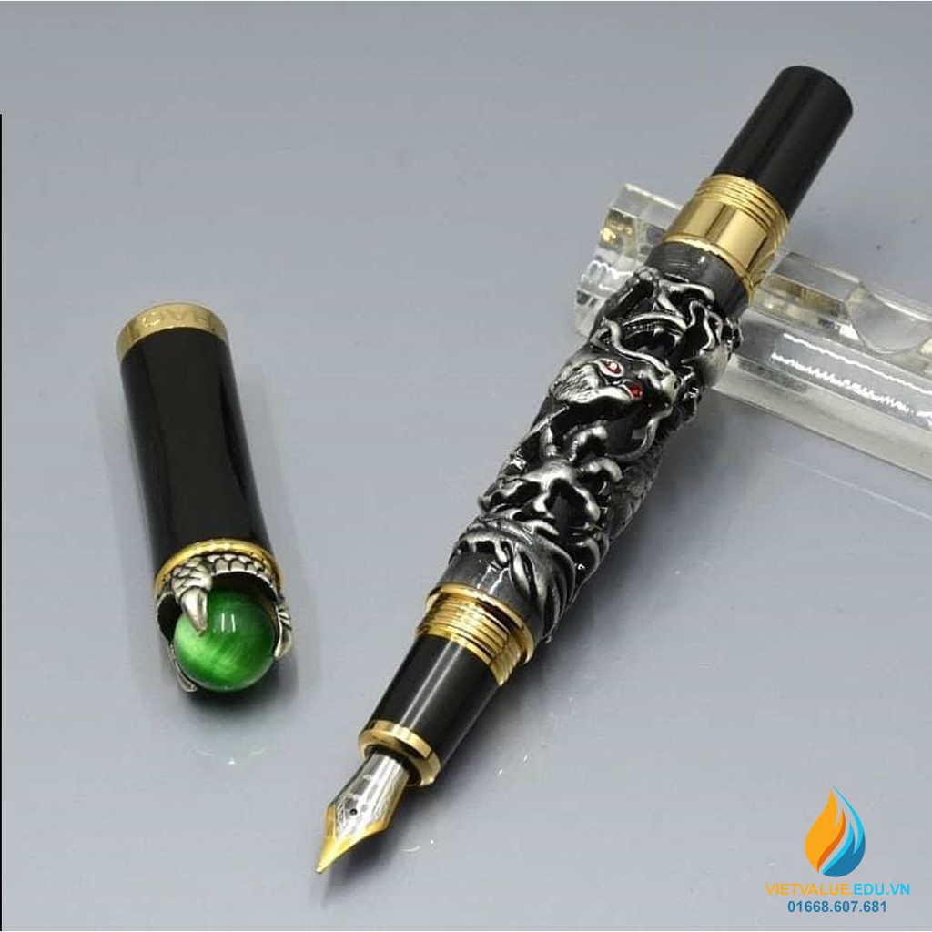 Bút ký Jinhao, rồng ôm thân bút, nắp cài ngọc sáng, màu xám nắp đen, mã Jinhao 023