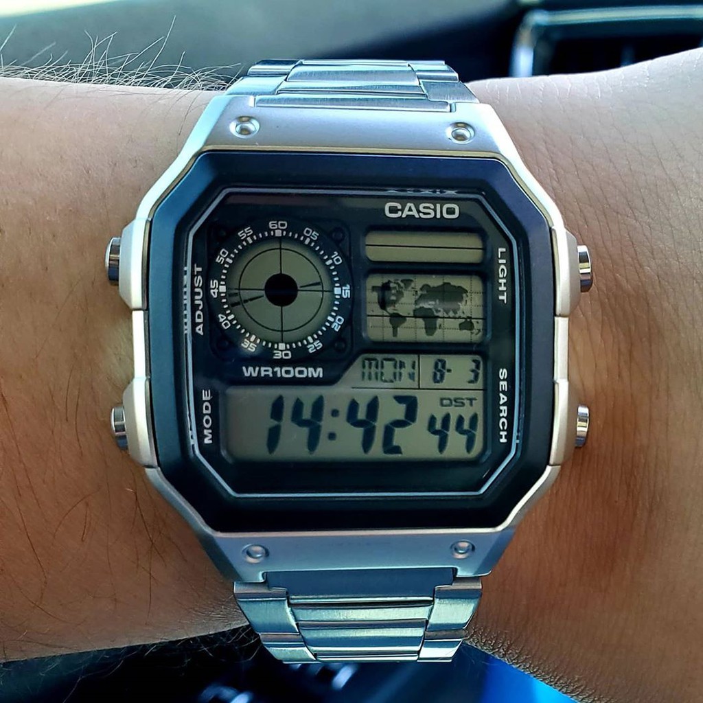 Đồng hồ nam Casio AE 1200-WHD classic chống nước , dây thép không gỉ (dây bạc mặt đen) + TẶNG KÈM HỘP THIẾC