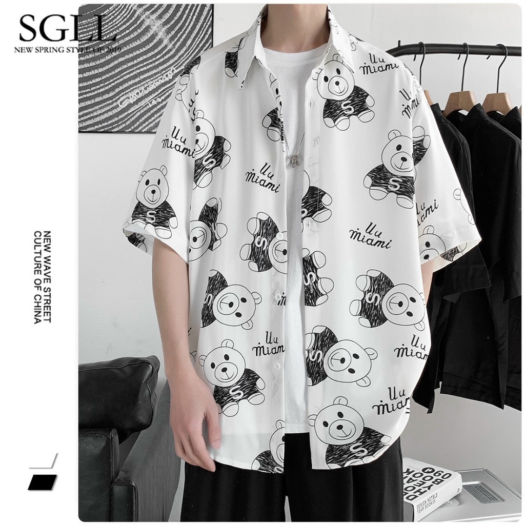 Áo sơ mi tay lỡ nam nữ unisex HỌA TIẾT GẤU MIAMI chất lụa dày mịn lên form chuẩn