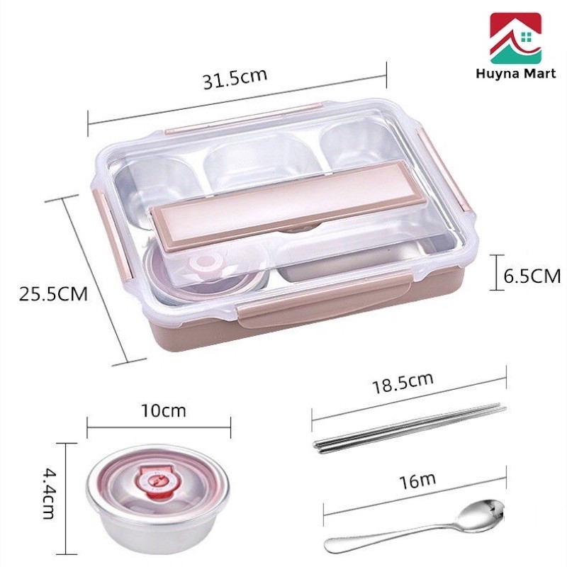 Hộp cơm văn phòng khay inox 5 ngăn- Hộp cơm giữ nhiệt 5 ngăn lõi inox 304 tặng kèm bộ muỗng đũa - Có khay để điện thoại