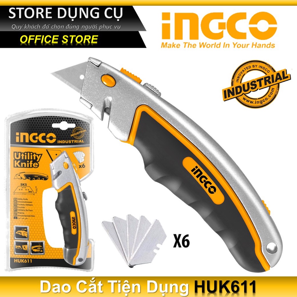 Dao rọc giấy 61mmx19mm INGCO HUK611 kèm 6 lưỡi SK5