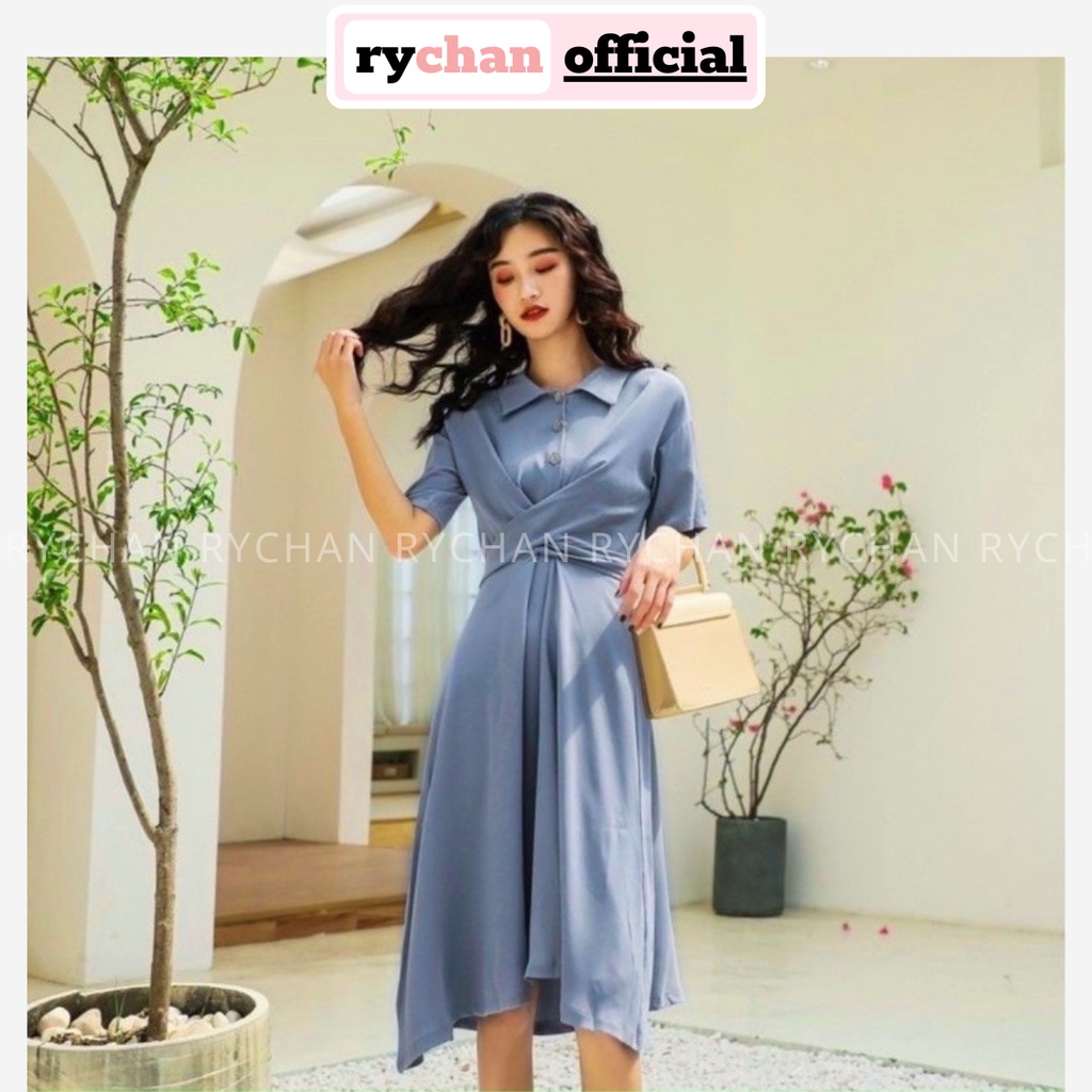 Đầm Váy Sơ Mi Nữ Cách Tân Nút Trước Chéo Eo Cực Thanh Lịch Màu Hồng Ruốc Xanh Đen - DX9886