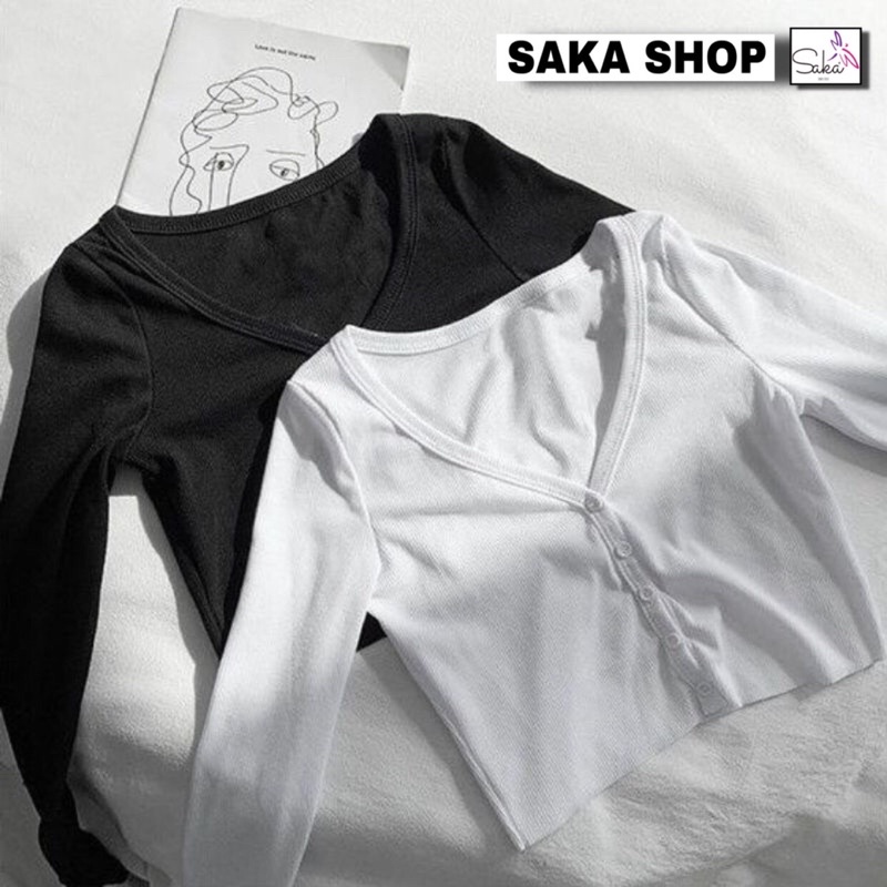 Áo croptop nữ tay dài cổ v có nút nhiều màu
