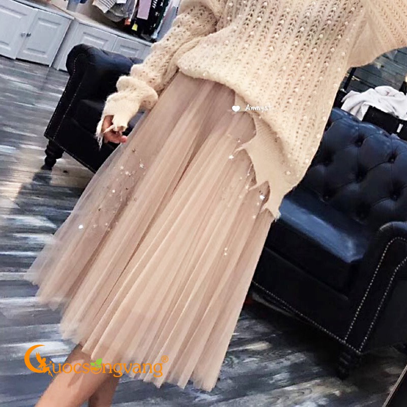 Chân váy xếp ly ánh sao chân váy midi hai lớp màu kem GLV087 Cuocsongvang