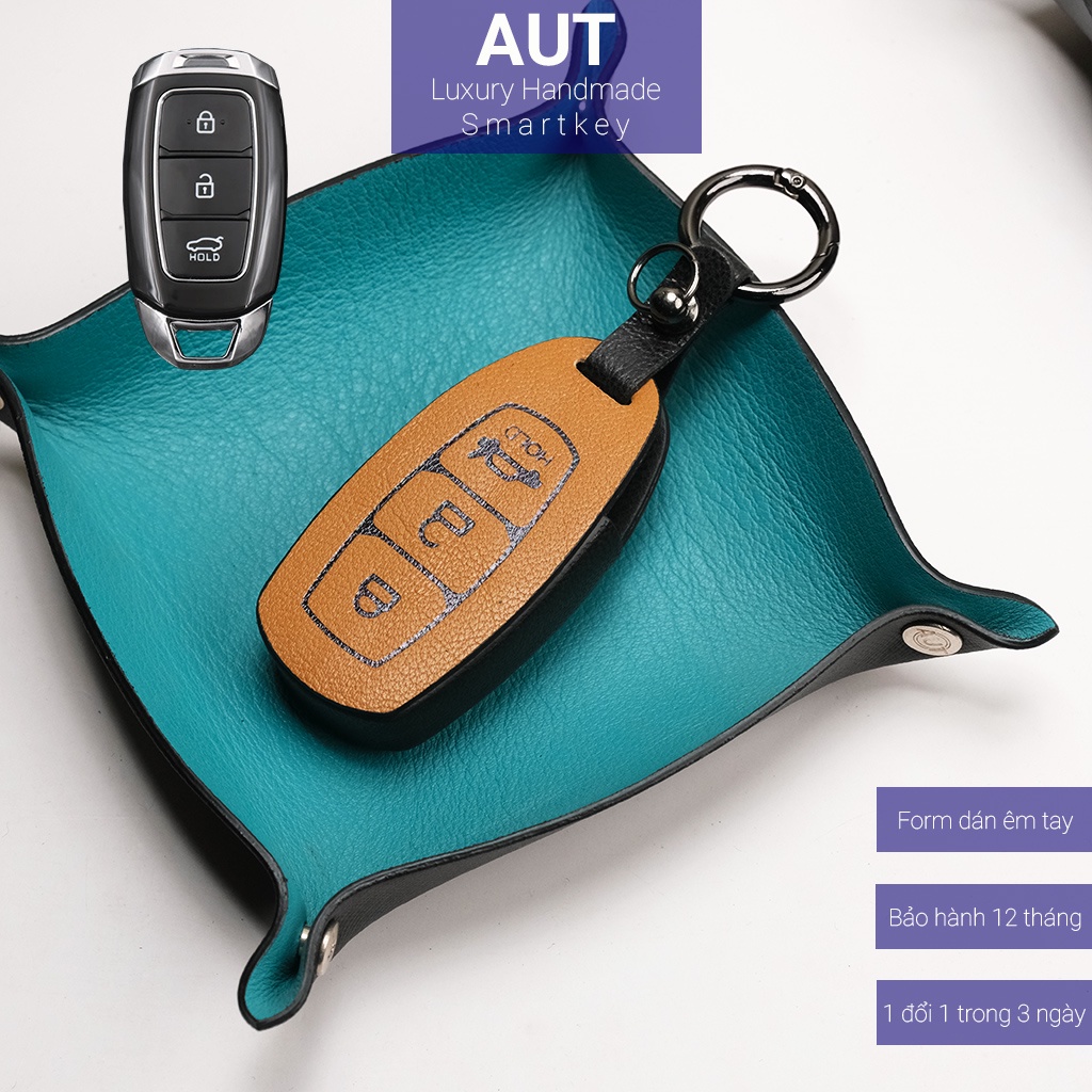 Ốp da chìa khóa ô tô Hyundai Santafe Kona Accent 3 nút bấm da bò handmade HC3 AD
