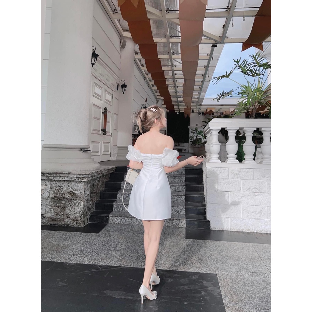 Đầm Trễ Vai Dự Tiệc Dáng Mini Ngắn Trên Gối Vải Phi Phối Tơ Đính Ngọc Mặc Đi Tiệc D0615