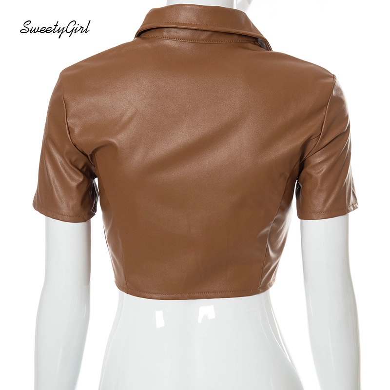 Áo Sơ Mi Tay Ngắn Cổ Bẻ Cài Nút Chất Liệu Da PU Dáng Ôm Màu Trơn Thời Trang Cho Nữ
