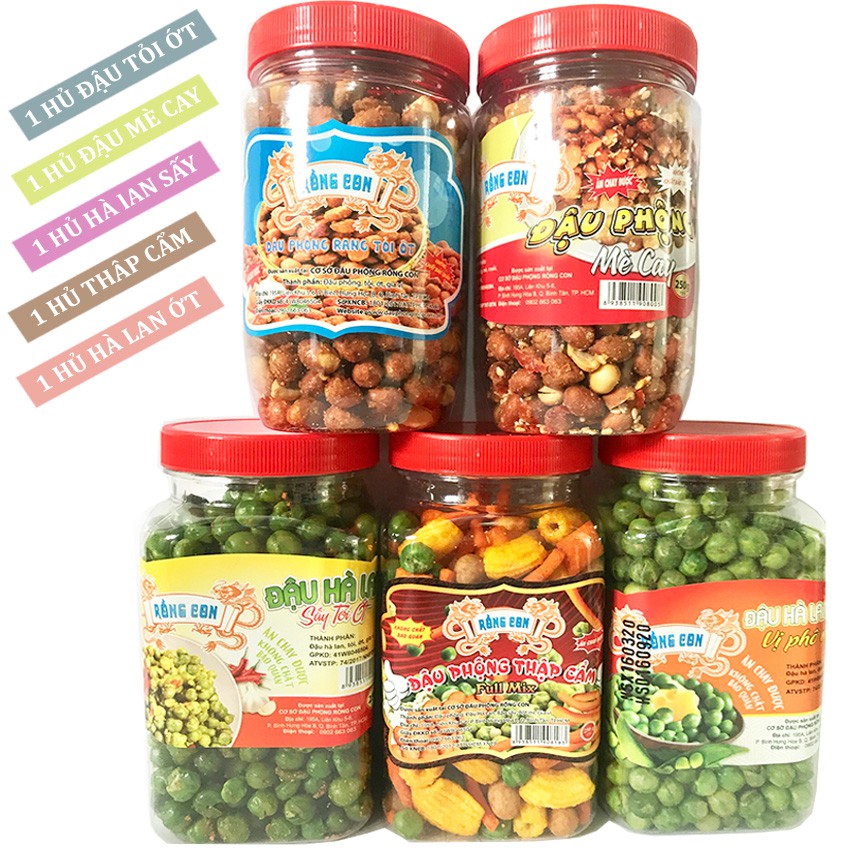 Combo 5 Hủ: Đậu Phộng Rang Tỏi Ớt + Đậu Hà Lan + Đậu Hà Lan Ớt + Đậu Phộng Nước Cốt Dừa + Đậu Thập Cẩm
