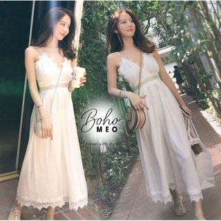 Jumpsuit dài trắng viền ren hoa eo
