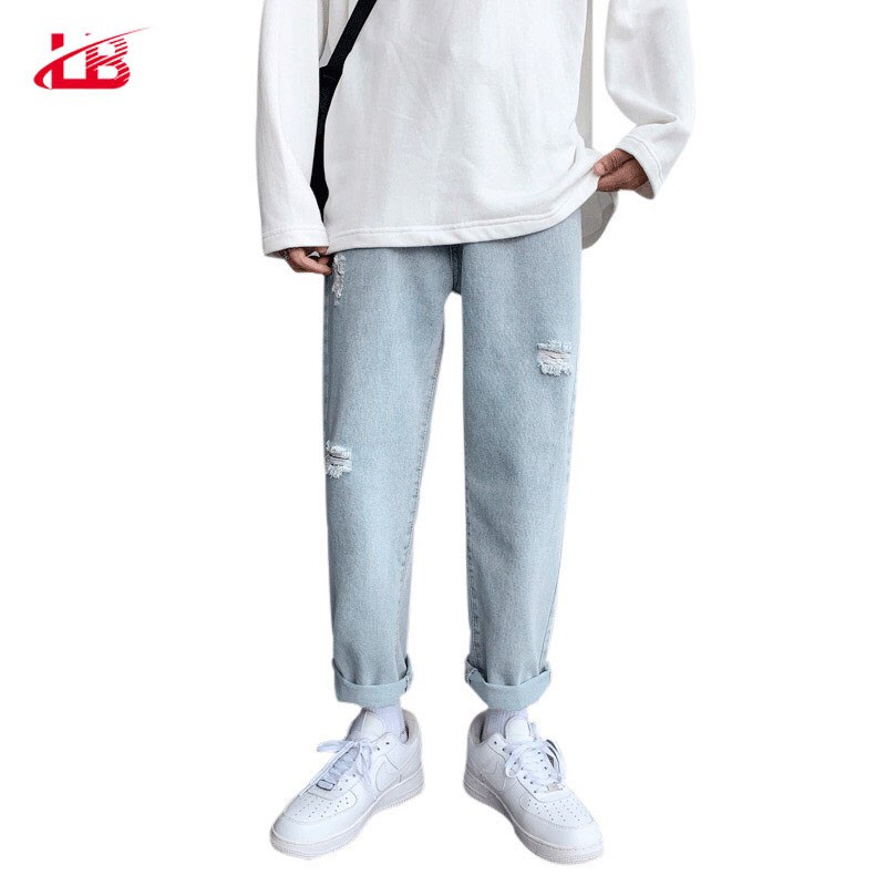 Quần baggy nam LB, jean denim cotton, cắt rách cá tính, bụi bặm, màu xanh sáng, BGSH6