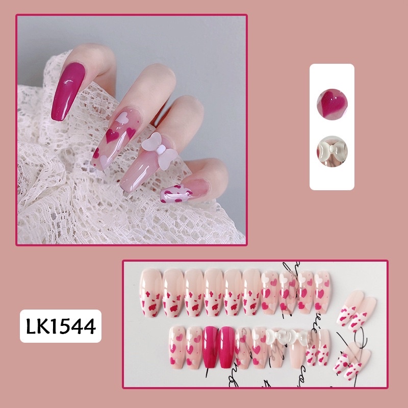 [Hàng mới về]Bộ 24 móng giả đính charm nơ xinh xắn