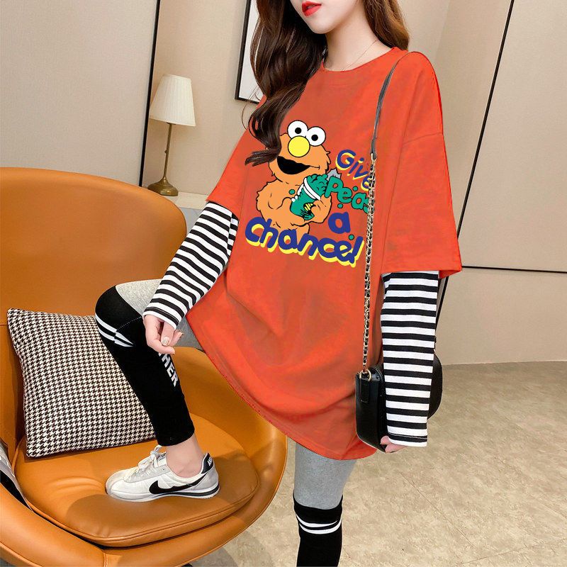Áo Thun Tay Dài Giả Hai Lớp Dáng Rộng In Họa Tiết Hoạt Hình Phong Cách Hàn Quốc Thời Trang 2022 Cho Nữ