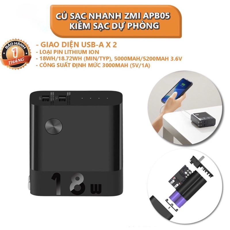 Cốc sạc kiêm pin sạc dự phòng 2 cổng 5000mAh 18W Xiaomi ZMI APB05