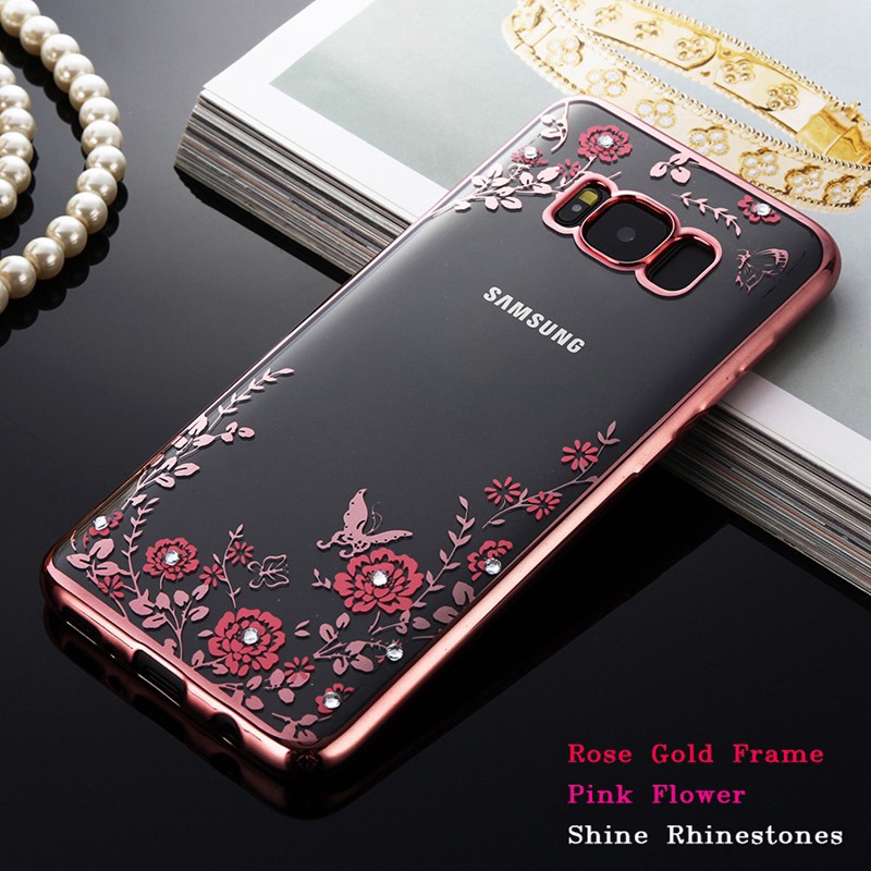 Samsung Galaxy J7 Prime / J7 Core Case Fashion Diamond Flower Rose Gold Silicone Clear Back Cover