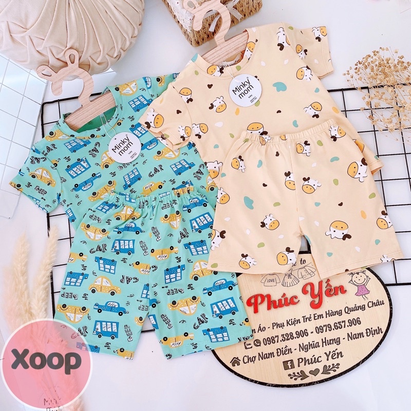 Sale !!Bộ Cộc Tay Cotton 100% Hàng Minky Mom In Toàn Thân  Họa Tiết Ô Tô Xanh Ngọc- Bò Sữa Cho Bé (Sz 8-18kg)( 1467)