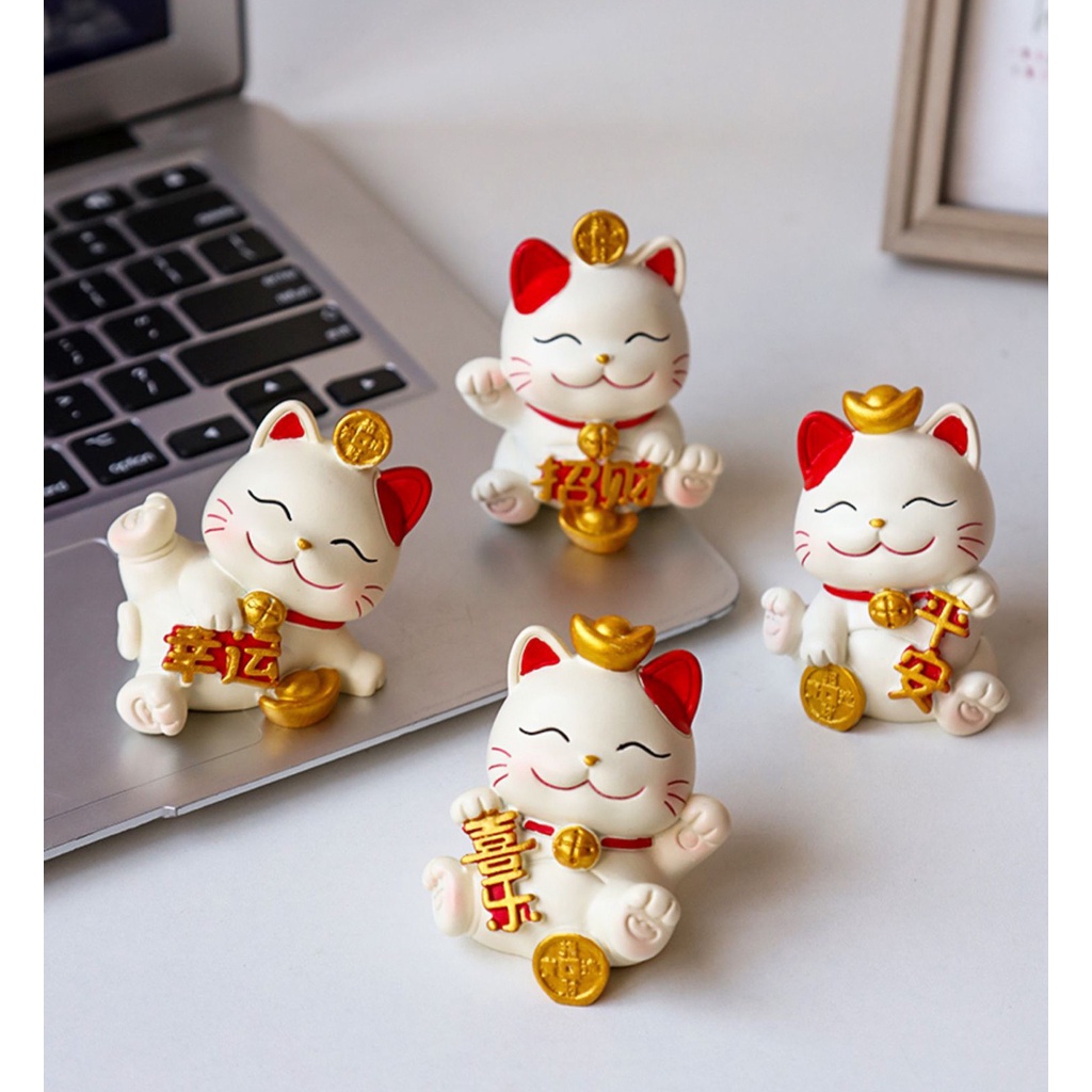 Mèo trắng thần tài ống tiết kiệm và mô hình mèo trắng tiền vàng trang trí bàn học, bàn làm việc, tủ sách, taplo ô tô