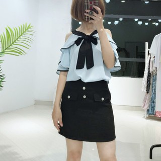Áo sơ mi trễ vai thắt nơ