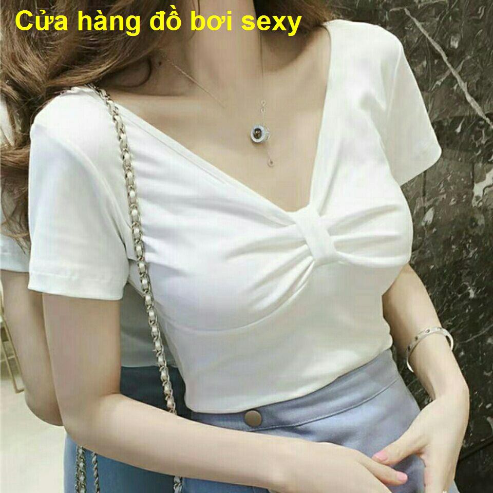 [95% cotton] áo thun cotton trắng tay ngắn nữ mùa hè cổ chữ V mỏng trên cùng sơ mi dưới thon gọn gợi cảm