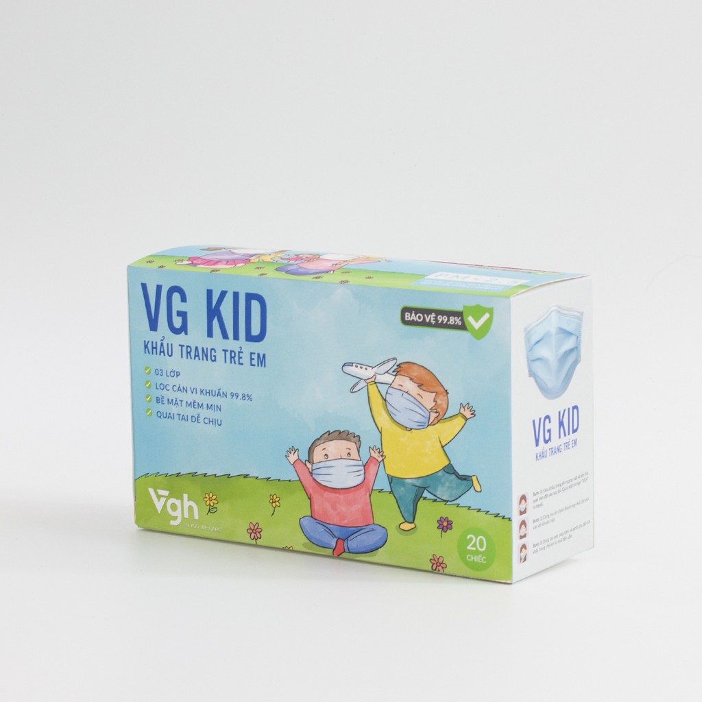 Khẩu trang VG KID cho bé kháng khuẩn, chống bụi mịn 99,98%, vừa vặn, dễ thở - Chính hãng VG Healthcare -  Hộp 20 chiếc