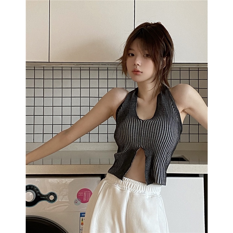 Áo Dệt Kim Cổ Yếm Dáng Ngắn Thời Trang Hàn Quốc Quyến Rũ Cho Nữ