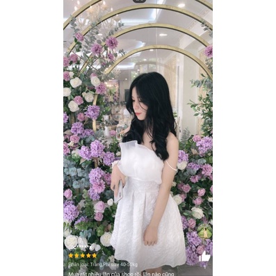 Đầm Nữ Hai Dây Vải Gấm Voan đầm xốp hoa phối bèo hai dây ngọc dáng xòe Q098