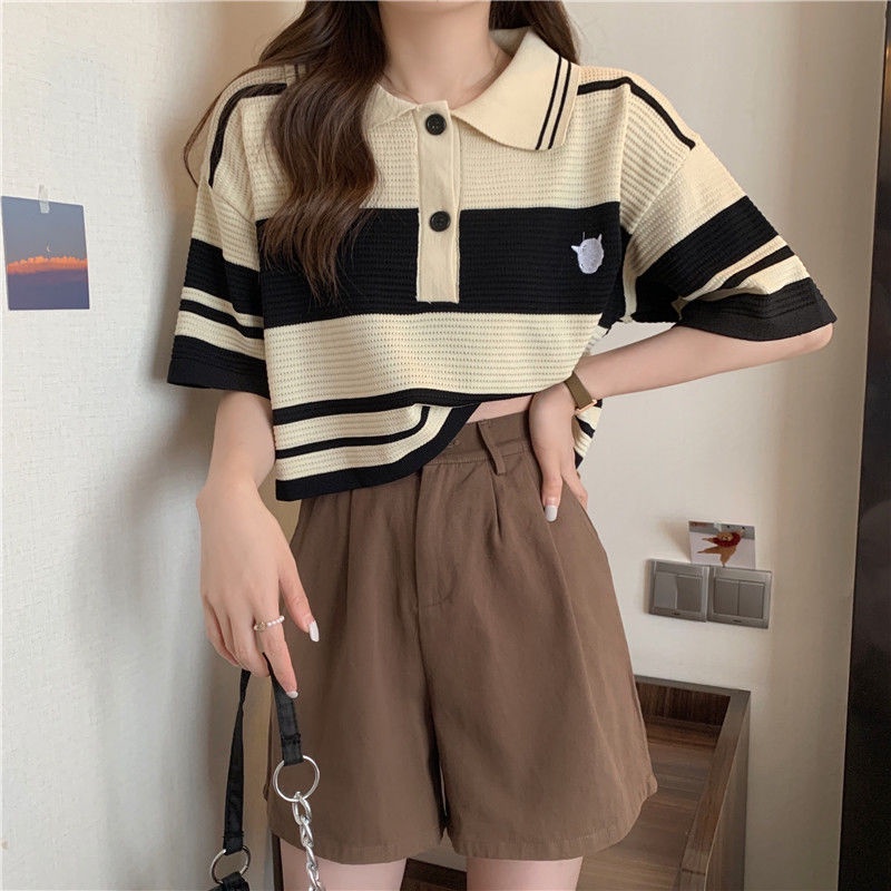 áo croptop Áo polo Dệt Kim Ngắn Tay Họa Tiết Kẻ Sọc Thời Trang Cho Nữ JL-TX-172