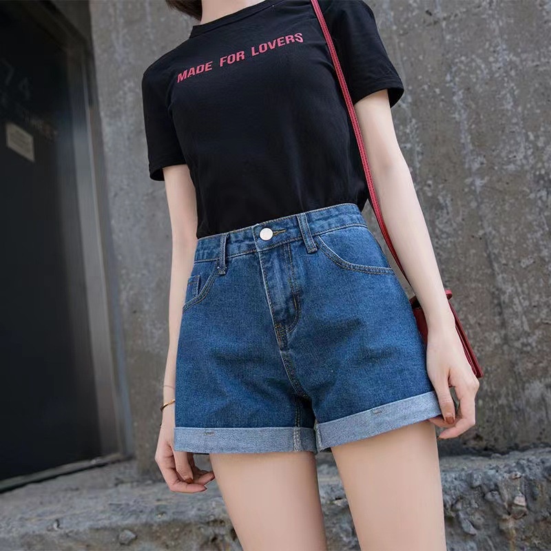 Quần Short denim Màu Đen Dáng Chữ A Ống Rộng Lưng Cao Thời Trang Cho Nữ