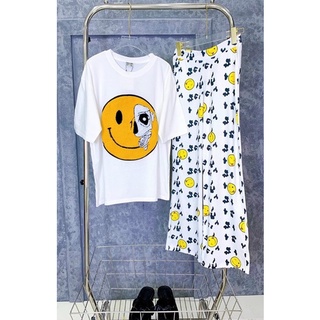 Set thun cotton mặt cười quần ống rộng gân in mặt cười loại 1