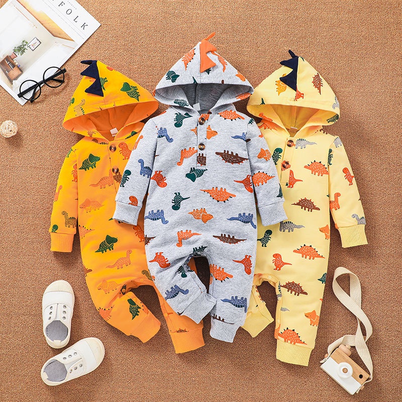 Body Tay Dài In Hình Khủng Long Hoạt Hình Cho Bé Trai Sơ Sinh 0-24 Tháng,Bodysuit Liền Thân Áo Liền Quần Cho Bé