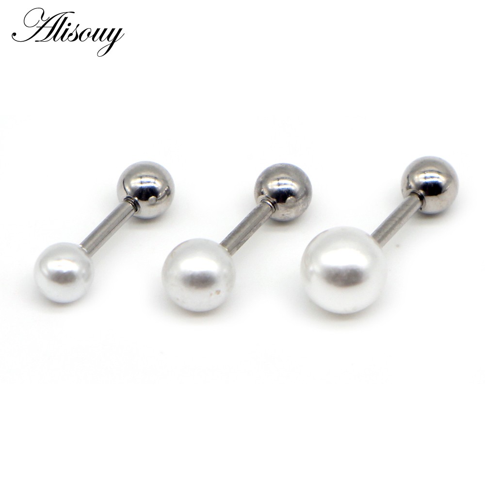 Alisouy 2 PC 3 / 4 / 5 / 6 / 8 / 10mm Màu Bạc Thép Không Gỉ Ngọc Trai Bóng Vít Xuyên Nữ Bông Tai Khuyên Tai
