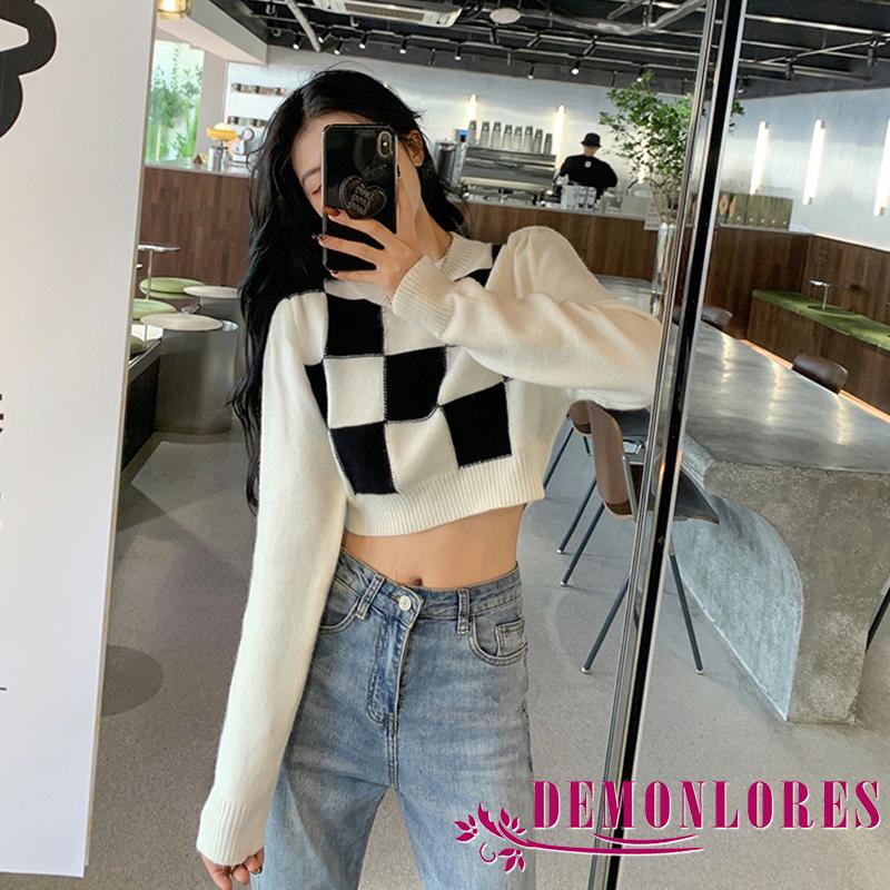 Áo croptop chui đầu tay dài cổ tròn họa tiết kẻ sọc caro thời trang cho nữ