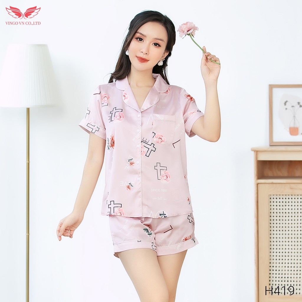 Bộ Đồ Ngủ Pyjama Mặc Nhà VINGO Nữ Lụa Pháp Cao cấp tay Cộc Quần Cộc Họa Tiết Hoa Hồng Chữ Love H419 VNGO - TCQC | BigBuy360 - bigbuy360.vn