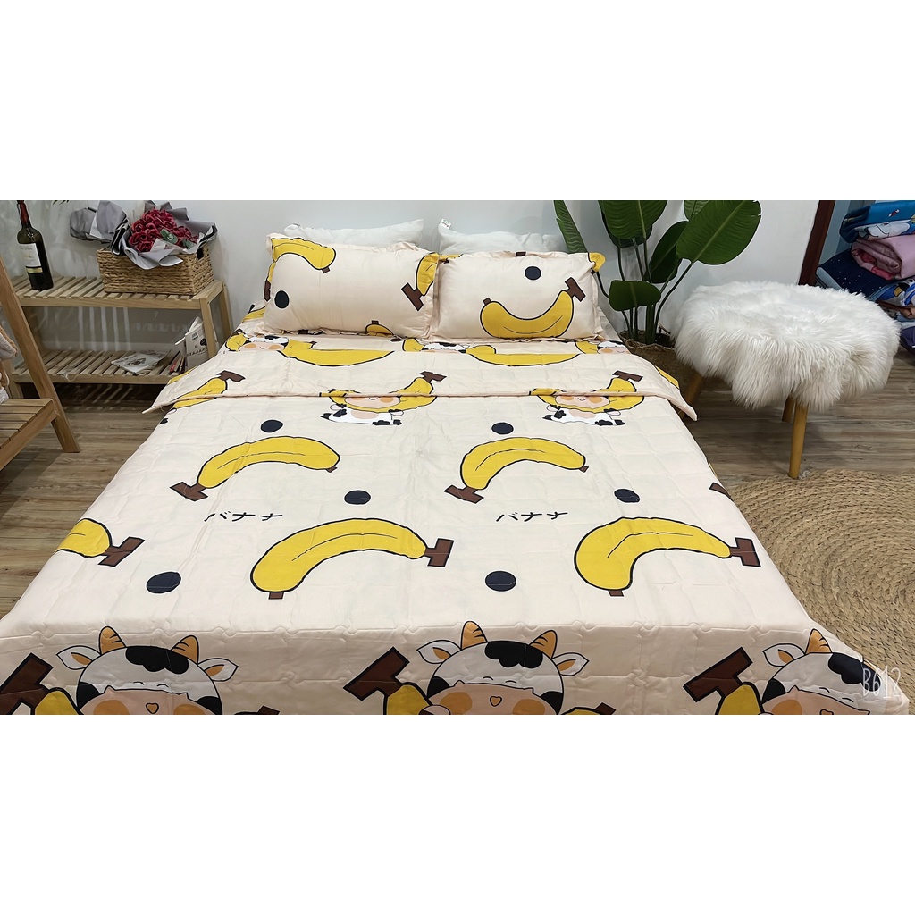 Set ga gối chăn hè chần bông 5 món Cotton EMMIBedding, mẫu bò chuối mền cotton họa tiết đáng yêu