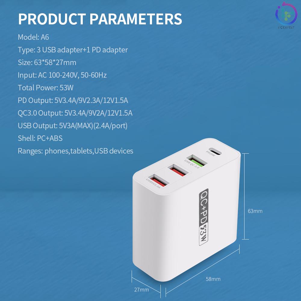 WLX-A6 4 Ports PD+QC3.0 Adapter USB Output Portable Quick Charge 53W Adapter UK Plug