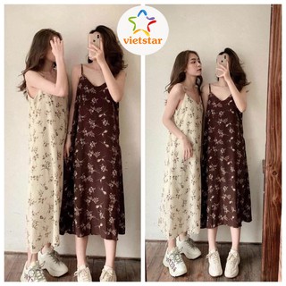 Váy hoa nhí vintage dáng dài 2 dây chất đũi lụa mềm mát - VIETSTAR