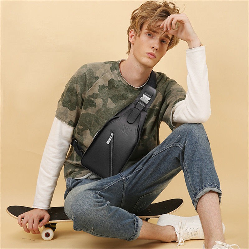 Official Genuine Men’s Chest Bag Fashion Casual Leather Shoulder Messenger Backpack Waist Trendy  cosmetic bag  pocket  real leather bag