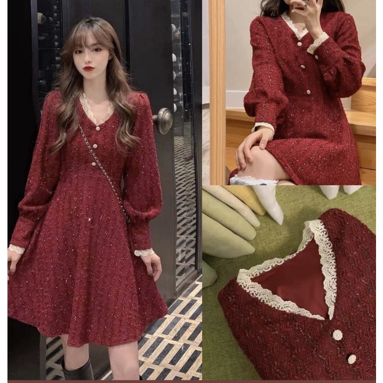 [Ảnh thật/Video] Đầm Dệt Kim Tay Phồng Cổ Chữ V Xinh Xắn Thanh Lịch Đầm Dài Dáng Chữ A Màu Đỏ Phong Cách Hàn Quốc Cho Nữ | BigBuy360 - bigbuy360.vn