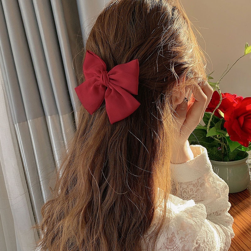 Kẹp Tóc Nơ Vải Voan Màu Trơn Phong Cách Hàn Quốc Cổ Điển