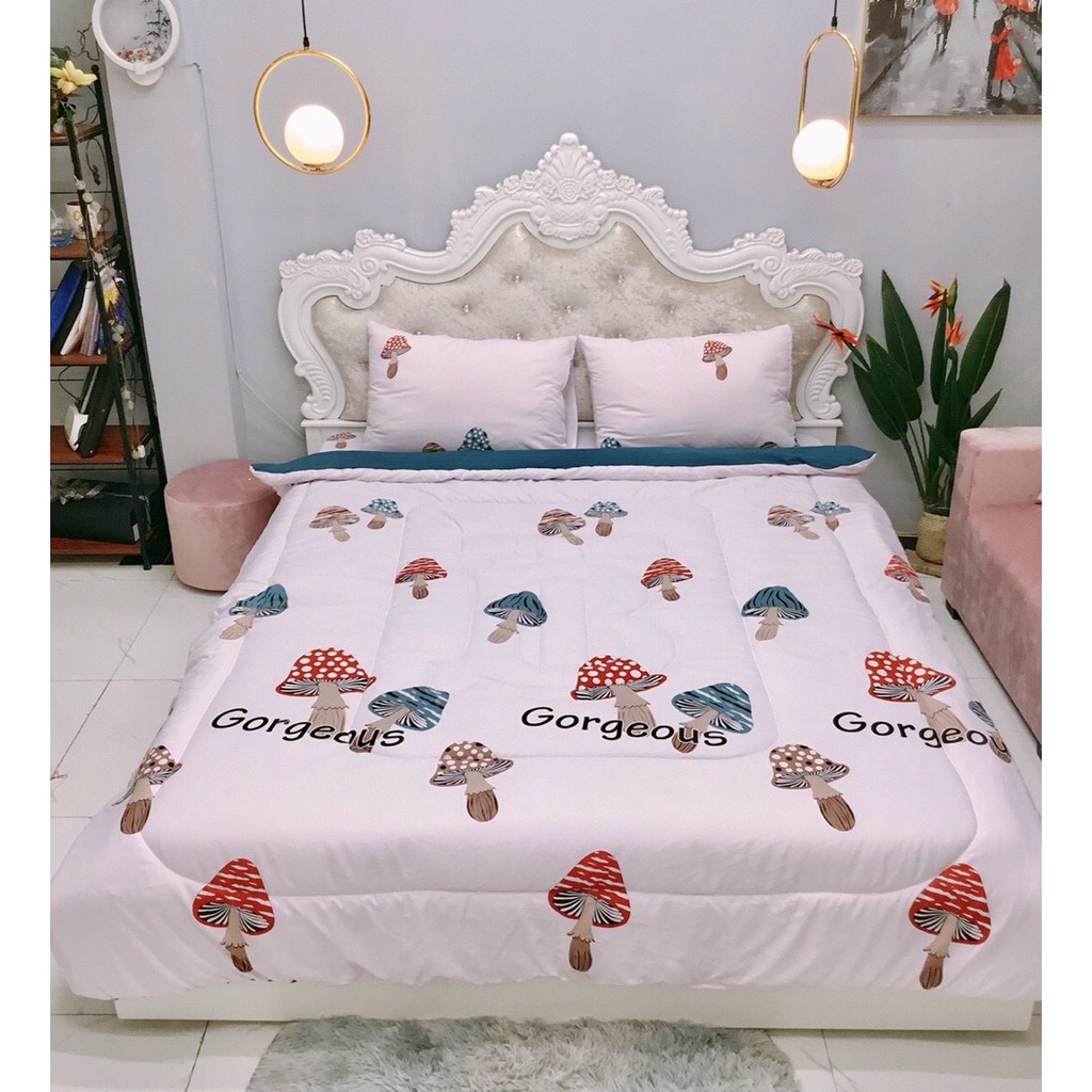 Bộ chăn ga gối cotton đũi , sét chăn chần  5 món  ful siz 1m6 ,1m8,,2m2