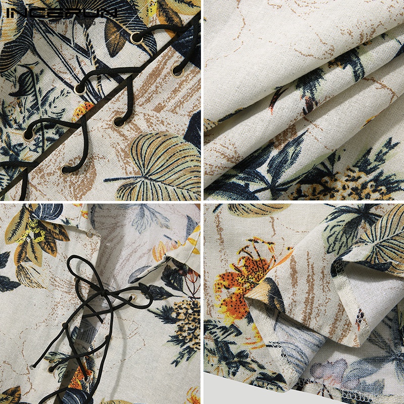Áo sơ mi INCERUN từ cotton tay dài cổ thắt dây in hoa phong cách vintage tùy chọn màu sắc cho nam